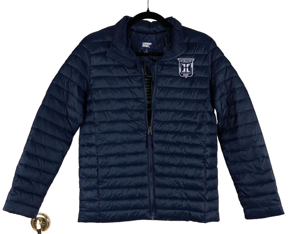 Lands' End ThermoPlume Puffer Jacket Navy Blue Boys XL Large (Horizon Prep Logo)